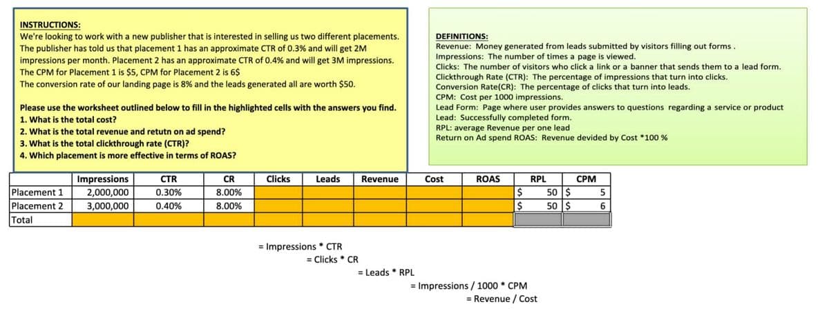 INSTRUCTIONS:
We're looking to work with a new publisher that is interested in selling us two different placements.
The publisher has told us that placement 1 has an approximate CTR of 0.3% and will get 2M
impressions per month. Placement 2 has an approximate CTR of 0.4% and will get 3M impressions.
The CPM for Placement 1 is $5, CPM for Placement 2 is 6$
The conversion rate of our landing page is 8% and the leads generated all are worth $50.
Please use the worksheet outlined below to fill in the highlighted cells with the answers you find.
1. What is the total cost?
2. What is the total revenue and retutn on ad spend?
3. What is the total clickthrough rate (CTR)?
4. Which placement is more effective in terms of ROAS?
Placement 1
Placement 2
Total
Impressions
2,000,000
3,000,000
CTR
0.30%
0.40%
CR
8.00%
8.00%
Clicks
Leads
= Impressions * CTR
= Clicks * CR
Revenue
= Leads RPL
DEFINITIONS:
Revenue: Money generated from leads submitted by visitors filling out forms.
Impressions: The number of times a page is viewed.
Clicks: The number of visitors who click a link or a banner that sends them to a lead form.
Clickthrough Rate (CTR): The percentage of impressions that turn into clicks.
Conversion Rate (CR): The percentage of clicks that turn into leads.
CPM: Cost per 1000 impressions.
Lead Form: Page where user provides answers to questions regarding a service or product
Lead: Successfully completed form.
RPL: average Revenue per one lead
Return on Ad spend ROAS: Revenue devided by Cost *100 %
Cost
ROAS
$
$
= Impressions/1000* CPM
RPL
= Revenue / Cost
50 $
50 $
CPM
5
6