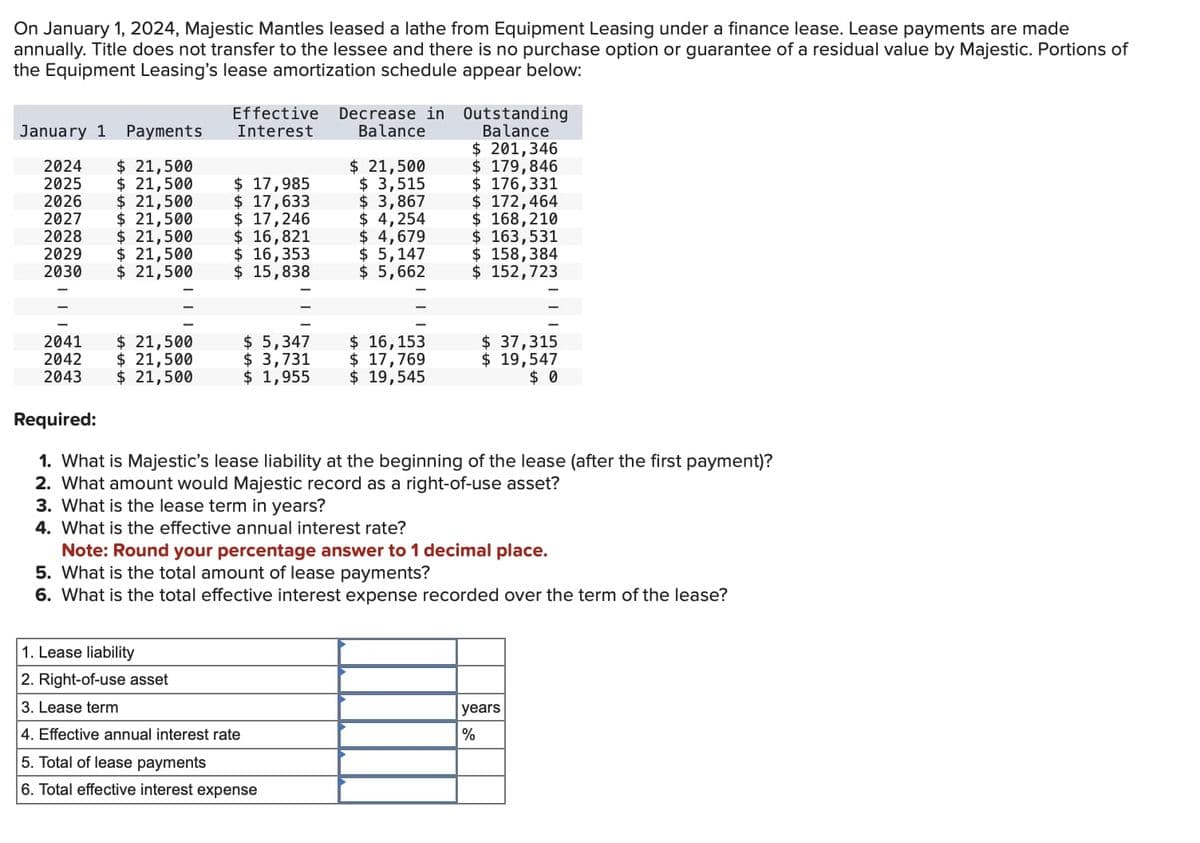 On January 1, 2024, Majestic Mantles leased a lathe from Equipment Leasing under a finance lease. Lease payments are made
annually. Title does not transfer to the lessee and there is no purchase option or guarantee of a residual value by Majestic. Portions of
the Equipment Leasing's lease amortization schedule appear below:
January 1 Payments
2024 $ 21,500
2025 $ 21,500
2026 $ 21,500
2027 $ 21,500
2028 $ 21,500
2029 $ 21,500
2030 $ 21,500
2041 $ 21,500
2042 $ 21,500
2043
$ 21,500
Effective
Interest
$ 17,985
$ 17,633
$ 17,246
$ 16,821
$ 16,353
$ 15,838
$ 5,347
$ 3,731
$ 1,955
Decrease in Outstanding
Balance
Balance
$ 201,346
$ 179,846
$ 176,331
$ 172,464
$ 168,210
$ 163,531
$ 158,384
$152,723
$ 21,500
$ 3,515
$ 3,867
$ 4,254
$ 4,679
$5,147
$5,662
1. Lease liability
2. Right-of-use asset
3. Lease term
4. Effective annual interest rate
5. Total of lease payments
6. Total effective interest expense
$ 16,153
$ 17,769
$ 19,545
$ 37,315
$19,547
$0
Required:
1. What is Majestic's lease liability at the beginning of the lease (after the first payment)?
2. What amount would Majestic record as a right-of-use asset?
3. What is the lease term in years?
4. What is the effective annual interest rate?
Note: Round your percentage answer to 1 decimal place.
5. What is the total amount of lease payments?
6. What is the total effective interest expense recorded over the term of the lease?
years
%