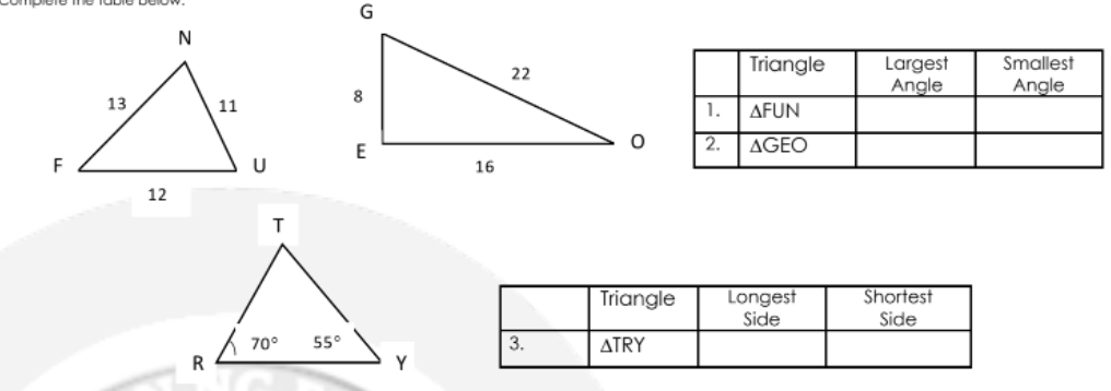 G
Triangle
Largest
Angle
Smallest
22
Angle
8
13
1.
AFUN
E
2. AGEO
F
16
12
Triangle
Longest
Side
Shortest
Side
70°
55°
3.
ATRY
R
Y
