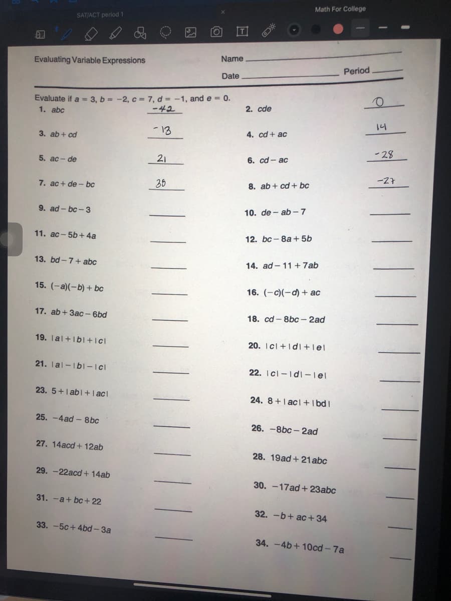 9. ad- bc-3
10. de - ab-7
11. ac-5b+4a
12. bc - 8a + 5b
