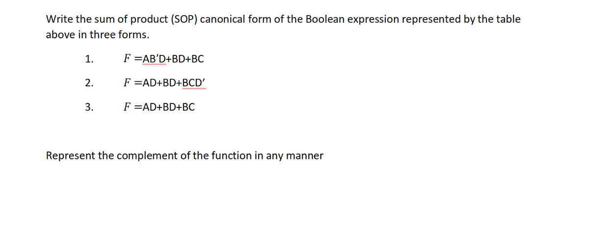 Write the sum of product (SOP) canonical form of the Boolean expression represented by the table
above in three forms.
1.
F =AB'D+BD+BC
2.
F =AD+BD+BCD'
3.
F =AD+BD+BC
Represent the complement of the function in any manner