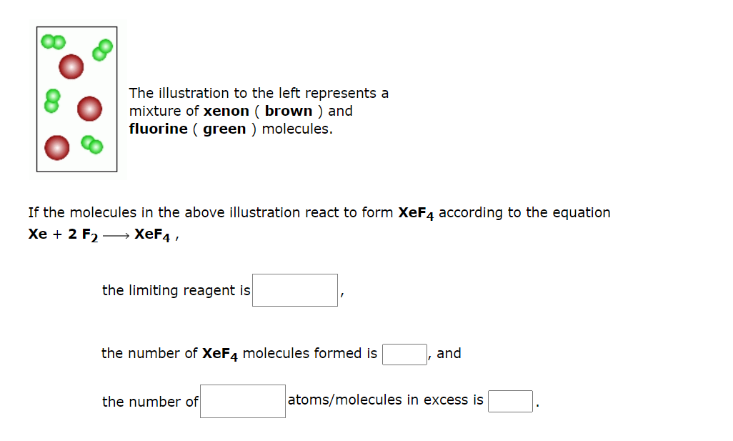 The illustration to the left represents a
mixture of xenon (brown) and
fluorine (green) molecules.
If the molecules in the above illustration react to form XeF4 according to the equation
Xe + 2 F2 — XeF4 ,
the limiting reagent is
the number of XeF4 molecules formed is
the number of
and
atoms/molecules in excess is