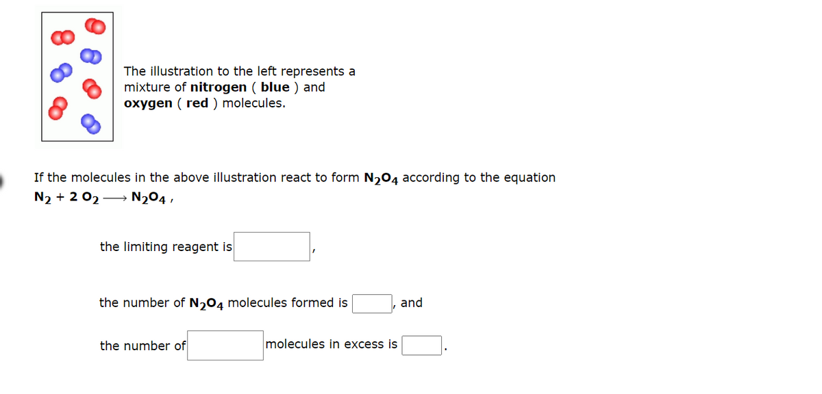 The illustration to the left represents a
mixture of nitrogen (blue) and
oxygen (red) molecules.
If the molecules in the above illustration react to form N₂O4 according to the equation
N₂ + 202 → N₂04,
the limiting reagent is
the number of N₂04 molecules formed is
the number of
molecules in excess is
and