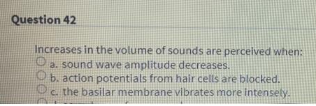 Question 42
Increases in the volume of sounds are perceived when:
O a. sound wave amplitude decreases.
O b. action potentials from hair cells are blocked.
Dc. the basilar membrane vibrates more intensely.
