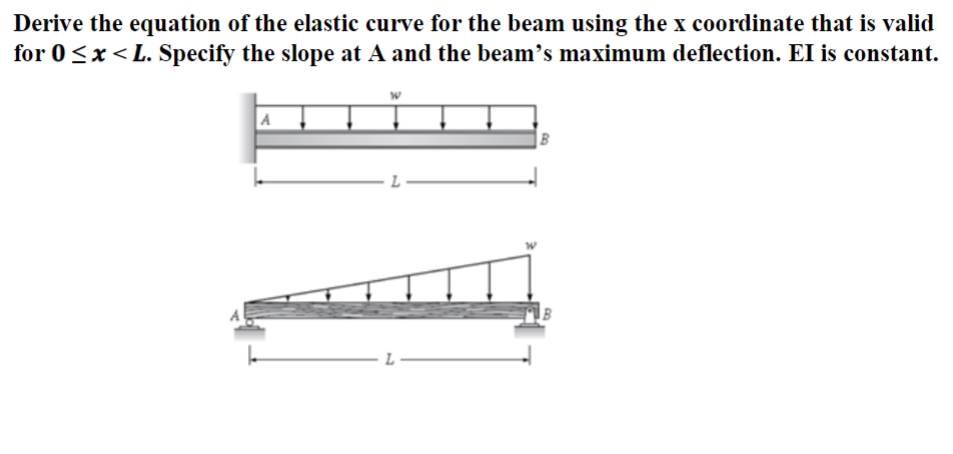 Derive the equation of the elastic curve for the beam using the x coordinate that is valid
for 0<x< L. Specify the slope at A and the beam's maximum deflection. EI is constant.
A
