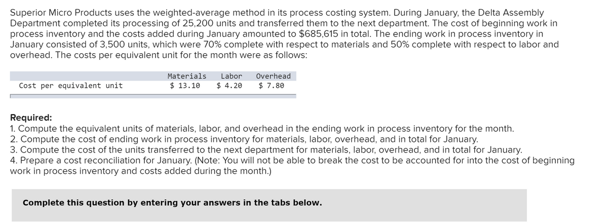 Superior Micro Products uses the weighted-average method in its process costing system. During January, the Delta Assembly
Department completed its processing of 25,200 units and transferred them to the next department. The cost of beginning work in
process inventory and the costs added during January amounted to $685,615 in total. The ending work in process inventory in
January consisted of 3,500 units, which were 70% complete with respect to materials and 50% complete with respect to labor and
overhead. The costs per equivalent unit for the month were as follows:
Materials
Labor
Overhead
Cost per equivalent unit
$ 13.10
$ 4.20
$ 7.80
Required:
1. Compute the equivalent units of materials, labor, and overhead in the ending work in process inventory for the month.
2. Compute the cost of ending work in process inventory for materials, labor, overhead, and in total for January.
3. Compute the cost of the units transferred to the next department for materials, labor, overhead, and in total for January.
4. Prepare a cost reconciliation for January. (Note: You will not be able to break the cost to be accounted for into the cost of beginning
work in process inventory and costs added during the month.)
Complete this question by entering your answers in the tabs below.
