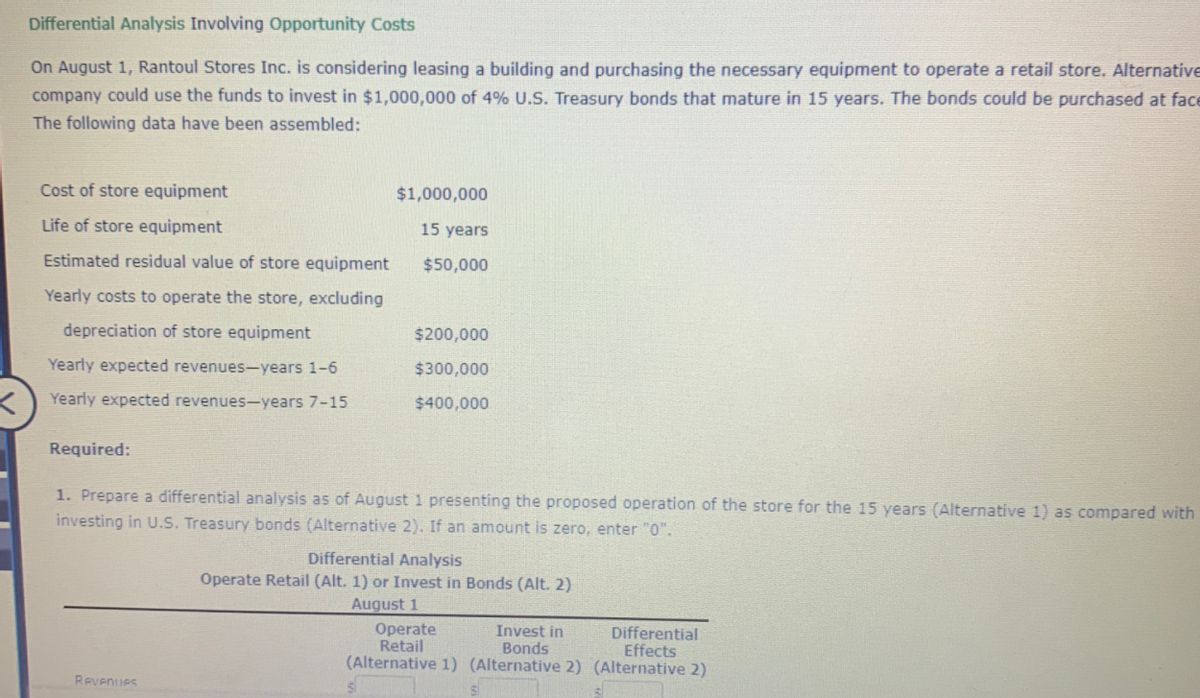 Differential Analysis Involving Opportunity Costs
On August 1, Rantoul Stores Inc. is considering leasing a building and purchasing the necessary equipment to operate a retail store. Alternative
company could use the funds to invest in $1,000,000 of 4% U.S. Treasury bonds that mature in 15 years. The bonds could be purchased at face
The following data have been assembled:
Cost of store equipment
$1,000,000
Life of store equipment
15 years
Estimated residual value of store equipment
$50,000
Yearly costs to operate the store, excluding
depreciation of store equipment
$200,000
Yearly expected revenues-years 1-6
$300,000
Yearly expected revenues-years 7-15
$400,000
Required:
1. Prepare a differential analysis as of August 1 presenting the proposed operation of the store for the 15 years (Alternative 1) as compared with
investing in U.S. Treasury bonds (Alternative 2). If an amount is zero, enter "0".
Differential Analysis
Operate Retail (Alt. 1) or Invest in Bonds (Alt. 2)
August 1
Invest in
Bonds
(Alternative 1) (Alternative 2) (Alternative 2)
Operate
Retail
Differential
Effects
Revenues
