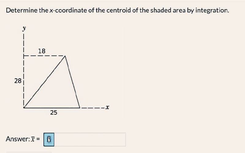 Determine the x-coordinate of the centroid of the shaded area by integration.
y
I
1 18
28
25
Answer: x=8
-X