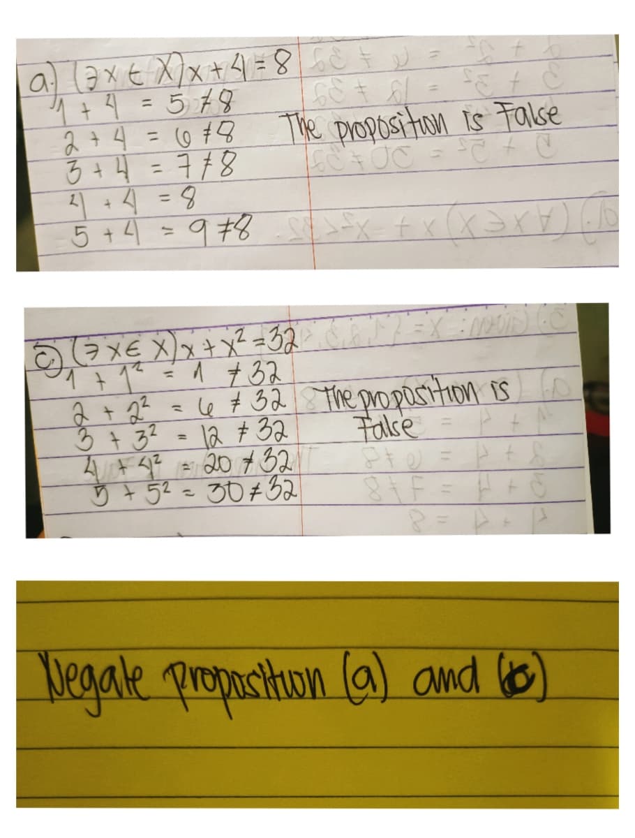 %3D
The propositon is False
2 74 = 0 $
3+4 =778
1 +4 =8
5 + 4
%3D
%3D
a7X€ X)x+x² =32
%3D
â + 2? = e $ 32 The propasition is
l2 # 32
20732
ģ + 52 = 30¢32
3 + 32
False
%3D
| and. 6o)
Negale propacriton (a)
