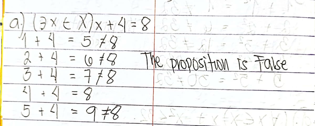 -a (2x€ X)x+4=8
1+9 =578
The propositon
is False
3 + 4
ニ
ニ
5 + <)
978
