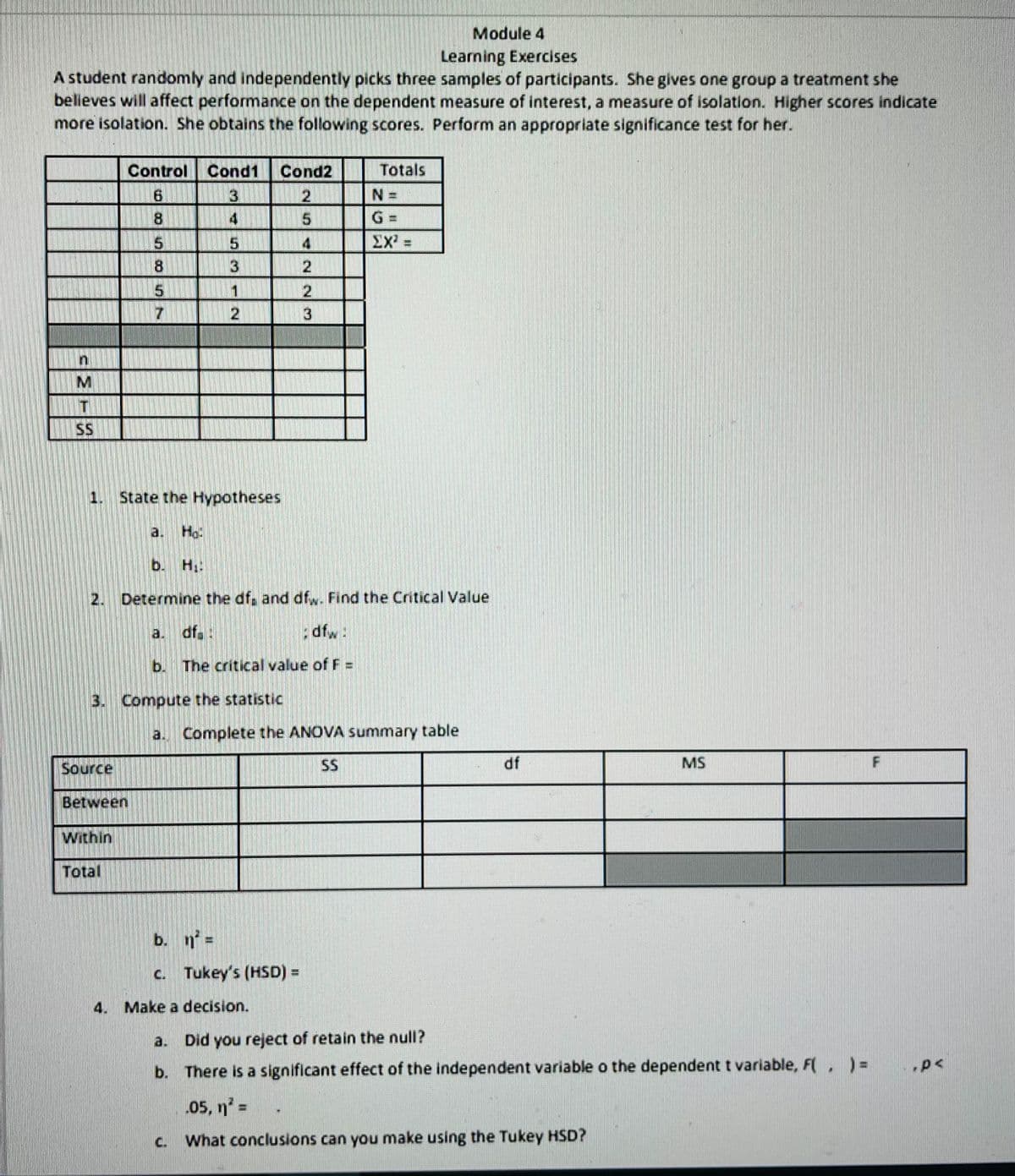 Module 4
Learning Exercises
A student randomly and independently picks three samples of participants. She gives one group a treatment she
believes will affect performance on the dependent measure of interest, a measure of isolation. Higher scores indicate
more isolation. She obtains the following scores. Perform an appropriate significance test for her.
Control Cond1
Cond2
Totals
6.
3
4
4
ΣΧ-
8.
1
3
SS
1. State the Hypotheses
a. Ho
b. H:
Determine the df, and dfw. Find the Cnitical Value
a. df. :
; dfw:
b. The critical value of F =
3. Compute the statistic
a. Complete the ANOVA summary table
Source
SS
df
MS
Between
Within
Total
b. n =
c. Tukey's (HSD)% =
4. Make a decision.
a. Did you reject of retain the null?
.p<
b. There is a significant effect of the independent variable o the dependent t variable, F(,) =
.05, n' =
What conclusions can you make using the Tukey HSD?
3
2.
2.
