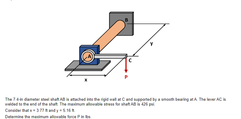 B
C
у
The 7.4-in diameter steel shaft AB is attached into the rigid wall at C and supported by a smooth bearing at A. The lever AC is
welded to the end of the shaft. The maximum allowable stress for shaft AB is 426 psi.
Consider that x = 3.77 ft and y = 5.16 ft.
Determine the maximum allowable force P in lbs.