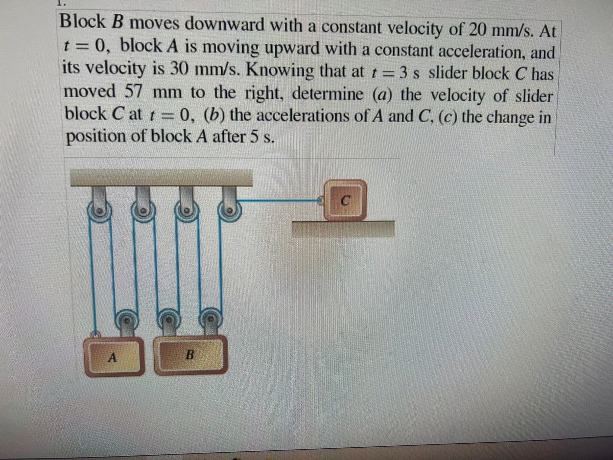 Block B moves downward with a constant velocity of 20 mm/s. At
t = 0, block A is moving upward with a constant acceleration, and
its velocity is 30 mm/s. Knowing that at t = 3 s slider block C has
moved 57 mm to the right, determine (a) the velocity of slider
block C at = 0, (b) the accelerations of A and C, (c) the change in
position of block A after 5 s.
A
B
