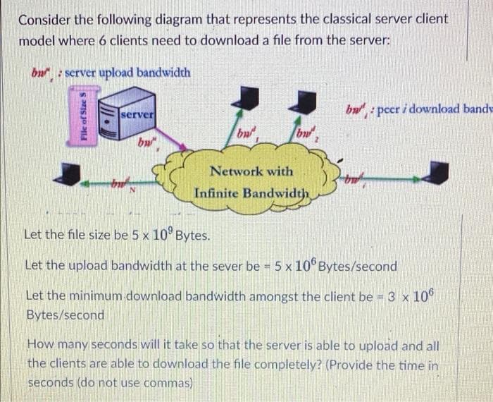 Consider the following diagram that represents the classical server client
model where 6 clients need to download a file from the server:
bu : server upload bandwidth
bu : peer i download band
server
bw,
bu
but
Network with
Infinite Bandwidth
Let the file size be 5 x 10° Bytes.
Let the upload bandwidth at the sever be = 5 x 10°Bytes/second
Let the minimum download bandwidth amongst the client be = 3 x 10
Bytes/second
How many seconds will it take so that the server is able to upload and all
the clients are able to download the file completely? (Provide the time in
seconds (do not use commas)
File of Size S
