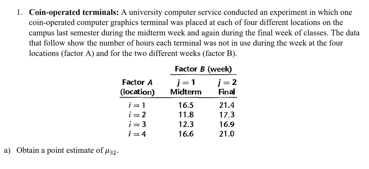 1. Coin-operated terminals: A university computer service conducted an experiment in which one
coin-operated computer graphics terminal was placed at each of four different locations on the
campus last semester during the midterm week and again during the final week of classes. The data
that follow show the number of hours each terminal was not in use during the week at the four
locations (factor A) and for the two different weeks (factor B).
Factor B (week)
j =1
Midterm
j= 2
Final
Factor A
%3D
(location)
i = 1
i= 2
i = 3
i = 4
16.5
21.4
11.8
17.3
12.3
16.9
16,6
21.0
a) Obtain a point estimate of u32.
