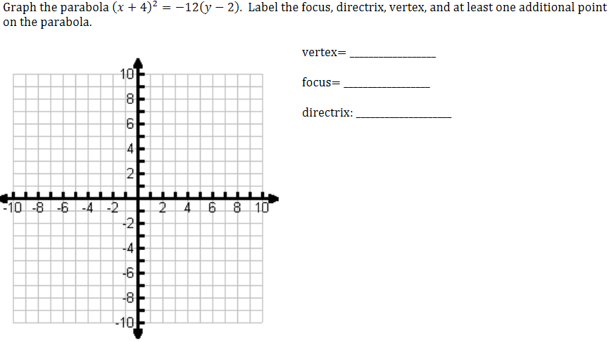 Graph the parabola (x + 4)2 = -12(y – 2). Label the focus, directrix, vertex, and at least one additional point
on the parabola.
%3D
vertex=
10
focus=
directrix:
-10 -8 -6 -4-2
2 4
-2
6 8 10
-4
-6
-8
-10
