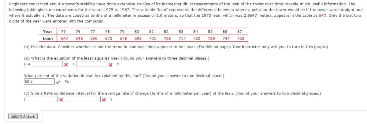 Engineers concerned about a tower's stability have done extensive studies of its increasing tilt. Measurements of the lean of the tower over time provide much useful information. The
following table gives measurements for the years 1975 to 1987. The variable "lean" represents the difference between where a point on the tower would be if the tower were straight and
where it actually is. The data are coded as tenths of a millimeter in excess of 2.9 meters, so that the 1975 lean, which was 2.9647 meters, appears in the table as 647. Only the last two
digits of the year were entered into the computer.
80
83
86
75 76 77 78
647 649 660 672
79
81 82
84 85
678 693 701 703 717 722 729
747
(a) Plot the data. Consider whether or not the trend in lean over time appears to be linear. (Do this on paper. Your instructor may ask you to turn in this graph.)
Year
Lean
(b) What is the equation of the least-squares line? (Round your answers to three decimal places.)
y =
X x +
x x
What percent of the variation in lean is explained by this line? (Round your answer to one decimal place.)
98.8
I
%
Submit Answer
87
762
(c) Give a 99% confidence interval for the average rate of change (tenths of a millimeter per year) of the lean. (Round your answers to two decimal places.)
(
X.
x )