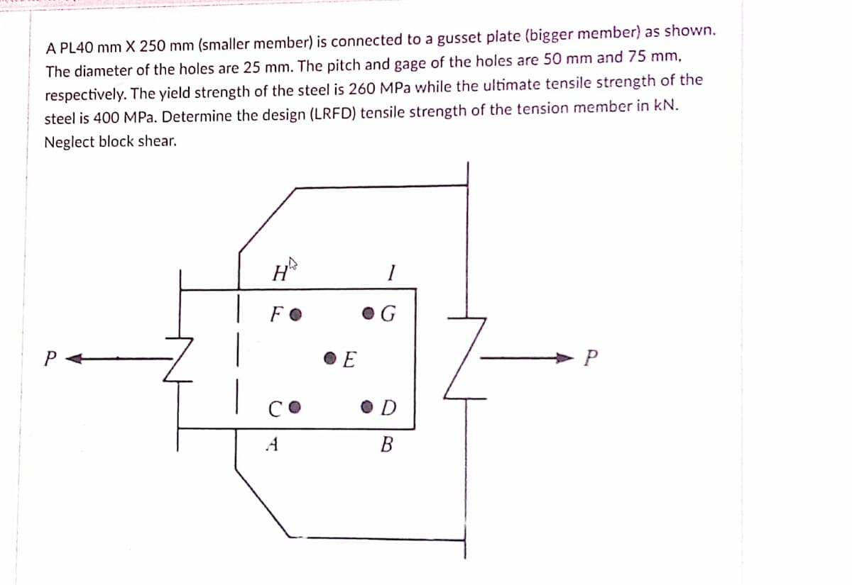 A PL40 mm X 250 mm (smaller member) is connected to a gusset plate (bigger member) as shown.
The diameter of the holes are 25 mm. The pitch and gage of the holes are 50 mm and 75 mm,
respectively. The yield strength of the steel is 260 MPa while the ultimate tensile strength of the
steel is 400 MPa. Determine the design (LRFD) tensile strength of the tension member in kN.
Neglect block shear.
FO
CO
D
A
В
