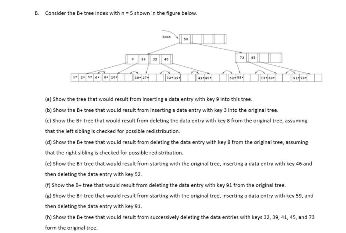 B.
Consider the B+ tree index with n = 5 shown in the figure below.
Root
50
73
85
18
32
40
1. 2. 5. 6 . 10
32
52 58
(a) Show the tree that would result from inserting a data entry with key 9 into this tree.
(b) Show the B+ tree that would result from inserting a data entry with key 3 into the original tree.
(c) Show the B+ tree that would result from deleting the data entry with key 8 from the original tree, assuming
that the left sibling is checked for possible redistribution.
(d) Show the B+ tree that would result from deleting the data entry with key 8 from the original tree, assuming
that the right sibling is checked for possible redistribution.
(e) Show the B+ tree that would result from starting with the original tree, inserting a data entry with key 46 and
then deleting the data entry with key 52.
(f) Show the B+ tree that would result from deleting the data entry with key 91 from the original tree.
(g) Show the B+ tree that would result from starting with the original tree, inserting a data entry with key 59, and
then deleting the data entry with key 91.
(h) Show the B+ tree that would result from successively deleting the data entries with keys 32, 39, 41, 45, and 73
form the original tree.
