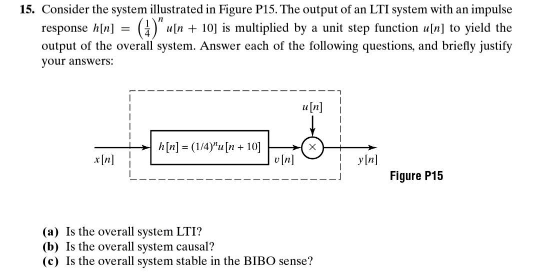 15. Consider the system illustrated in Figure P15. The output of an LTI system with an impulse
response h[n] = (G)" u[n + 10] is multiplied by a unit step function u[n] to yield the
output of the overall system. Answer each of the following questions, and briefly justify
your answers:
u[n]
h[n] = (1/4)"u[n+ 10]
v[n]
x[n]
y[n]
Figure P15
overall system LTI?
(а) Is
(b) Is the overall system causal?
(c) Is the overall system stable in the BIBO sense?
