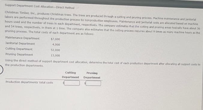 Support Department Cost Allocation-Direct Method
Christmas Timber, Inc., produces Christmas trees. The trees are produced through a cutting and pruning process. Machine maintenance and janitorial
labors are performed throughout the production process by nonproduction employees. Maintenance and janitorial costs are allocated based on machine
hours used and the number of trees in each department, respectively. The company estimates that the cutting and pruning areas typically have about 36
and 54 trees, respectively, in them at 1 time. The company also estimates that the cutting process requires about 9 times as many machine hours as the
pruning process. The total costs of each department are as follows:
Maintenance Department
Janitorial Department
$7,000
4,000
Cutting Department
Pruning Department
52,000
13,000
Using the direct method of support department cost allocation, determine the total cost of each production department after allocating all support costs to
the production departments.
Cutting
Department
Pruning
Department
Production departments total costs