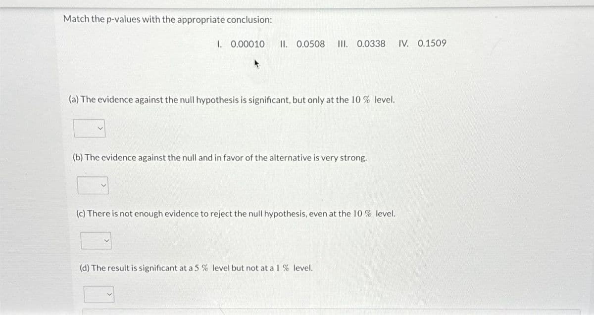 Match the p-values with the appropriate conclusion:
1. 0.00010 II. 0.0508 III. 0.0338 IV. 0.1509
(a) The evidence against the null hypothesis is significant, but only at the 10% level.
(b) The evidence against the null and in favor of the alternative is very strong.
(c) There is not enough evidence to reject the null hypothesis, even at the 10% level.
(d) The result is significant at a 5 % level but not at a 1 % level.