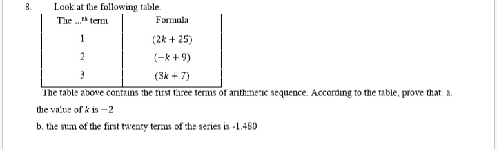 8.
Look at the following table.
The .th term
Formula
1
(2k + 25)
2
(-k + 9)
3
(3k + 7)
The table above contains the first three terms of arithmetic sequence. According to the table, prove that: a.
the value of k is -2
b. the sum of the first twenty terms of the series is -1.480
