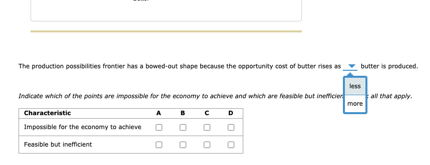 The production possibilities frontier has a bowed-out shape because the opportunity cost of butter rises as
butter is produced.
less
Indicate which of the points are impossible for the economy to achieve and which are feasible but inefficien
all that apply.
more
Characteristic
A
B
D
Impossible for the economy to achieve
Feasible but inefficient
