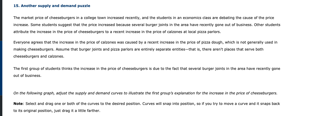 15. Another supply and demand puzzle
The market price of cheeseburgers in a college town increased recently, and the students in an economics class are debating the cause of the price
increase. Some students suggest that the price increased because several burger joints in the area have recently gone out of business. Other students
attribute the increase in the price of cheeseburgers to a recent increase in the price of calzones at local pizza parlors.
Everyone agrees that the increase in the price of calzones was caused by a recent increase in the price of pizza dough, which is not generally used in
making cheeseburgers. Assume that burger joints and pizza parlors are entirely separate entities-that is, there aren't places that serve both
cheeseburgers and calzones.
The first group of students thinks the increase in the price of cheeseburgers is due to the fact that several burger joints in the area have recently gone
out of business.
On the following graph, adjust the supply and demand curves to illustrate the first group's explanation for the increase in the price of cheeseburgers.
Note: Select and drag one or both of the curves to the desired position. Curves will snap into position, so if you try to move a curve and it snaps back
to its original position, just drag it a little farther.
