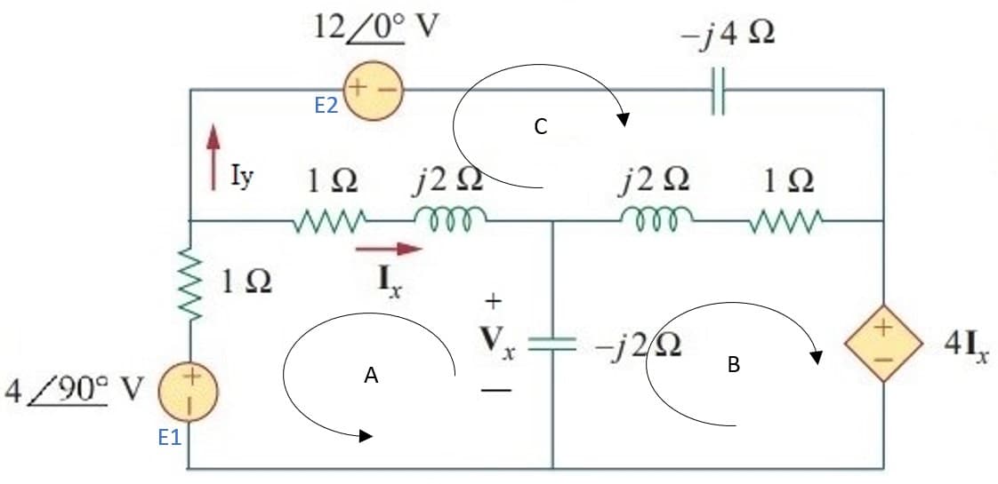 4/90° V
E1
Iy
19
12/0° V
E2
C
1Ω j2 Ω-----
m
A
x
-j4Ω
j2Ω
m
-j2Ω
B
1Ω
41x