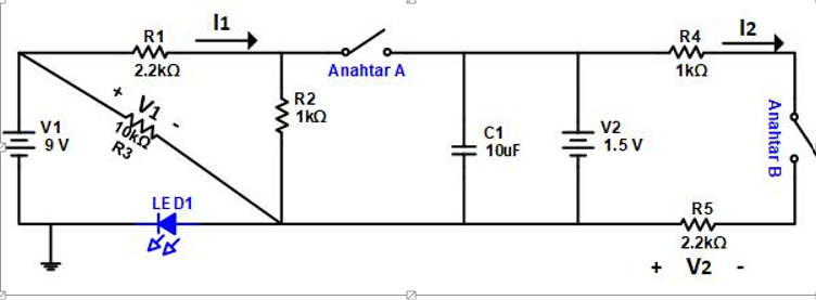 12
R4
l1
R1
1kO
Anahtar A
2.2kΩ
V1
R2
1kO
V2
1.5 V
C1
10uF
V1
10ka
9 V
R3
R5
LE D1
2.2kO
+ V2
Anahtar B
