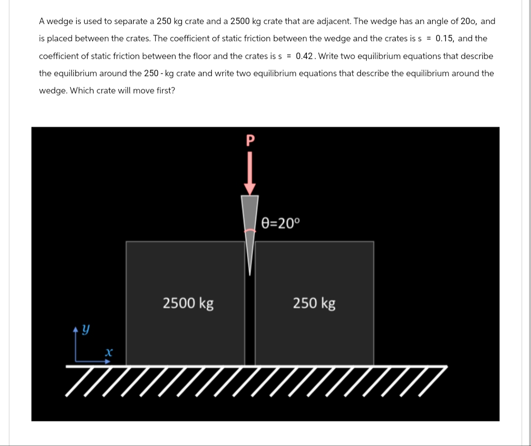 A wedge is used to separate a 250 kg crate and a 2500 kg crate that are adjacent. The wedge has an angle of 200, and
is placed between the crates. The coefficient of static friction between the wedge and the crates is s = 0.15, and the
coefficient of static friction between the floor and the crates is s = 0.42. Write two equilibrium equations that describe
the equilibrium around the 250 - kg crate and write two equilibrium equations that describe the equilibrium around the
wedge. Which crate will move first?
Y
X
7/1
P
0=20°
2500 kg
250 kg