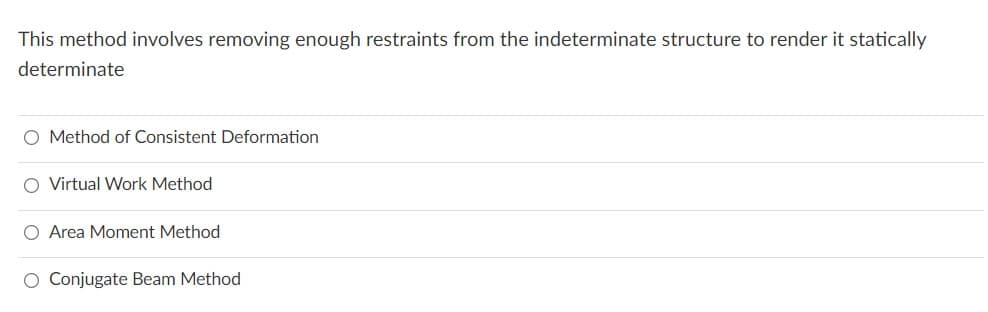 This method involves removing enough restraints from the indeterminate structure to render it statically
determinate
O Method of Consistent Deformation
O Virtual Work Method
O Area Moment Method
Conjugate Beam Method
