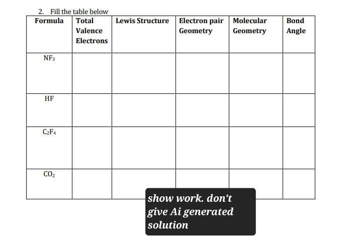 2. Fill the table below
Formula
Total
NF3
Valence
Electrons
HF
C2F4
CO₂
Lewis Structure Electron pair Molecular
Geometry
Bond
Geometry
Angle
show work. don't
give Ai generated
solution