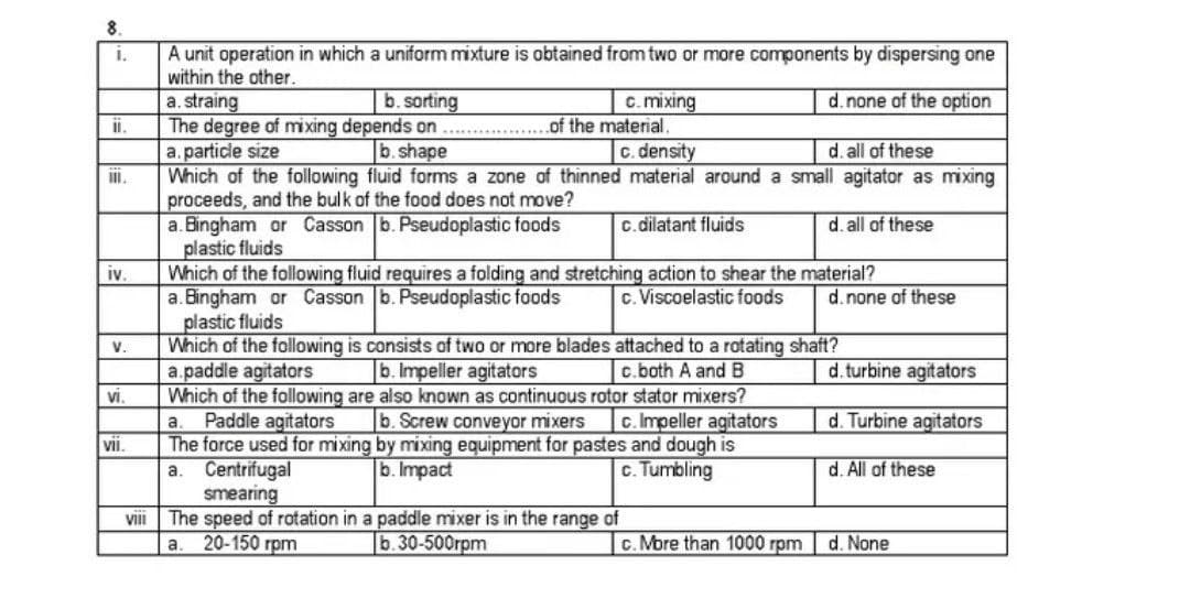 8.
A unit operation in which a uniform mixture is obtained from two or more components by dispersing one
within the other.
I.
c. mixing
.of the material.
b. sorting
d.none of the option
a. straing
The degree of mixing depends on ....
a. particle size
Which of the following fluid forms a zone of thinned material around a small agitator as mixing
proceeds, and the bulk of the food does not move?
a. Bingham or Casson b. Pseudoplastic foods
plastic fluids
Which of the following fluid requires a folding and stretching action to shear the material?
a. Bingham or Casson b. Pseudoplastic foods
plastic fluids
Which of the following is consists of two or more blades attached to a rotating shaft?
a.paddle agitators
Which of the following are also known as continuous rotor stator mixers?
a. Paddle agitators
The force used for mixing by mixing equipment for pastes and dough is
a. Centrifugal
smearing
The speed of rotation in a paddle mixer is in the range of
20-150 гpm
b. shape
c. density
d. all of these
I.
c. dilatant fluids
d. all of these
iv.
c. Viscoelastic foods
d.none of these
V.
b. Impeller agitators
c.both A and B
d.turbine agitators
vi.
b. Screw conveyor mixers
c. Impeller agitators
d. Turbine agitators
vii.
b. Impact
c. Tumbling
d. All of these
VII
|b.30-500rpm
c. More than 1000 rpm
d. None
a.
