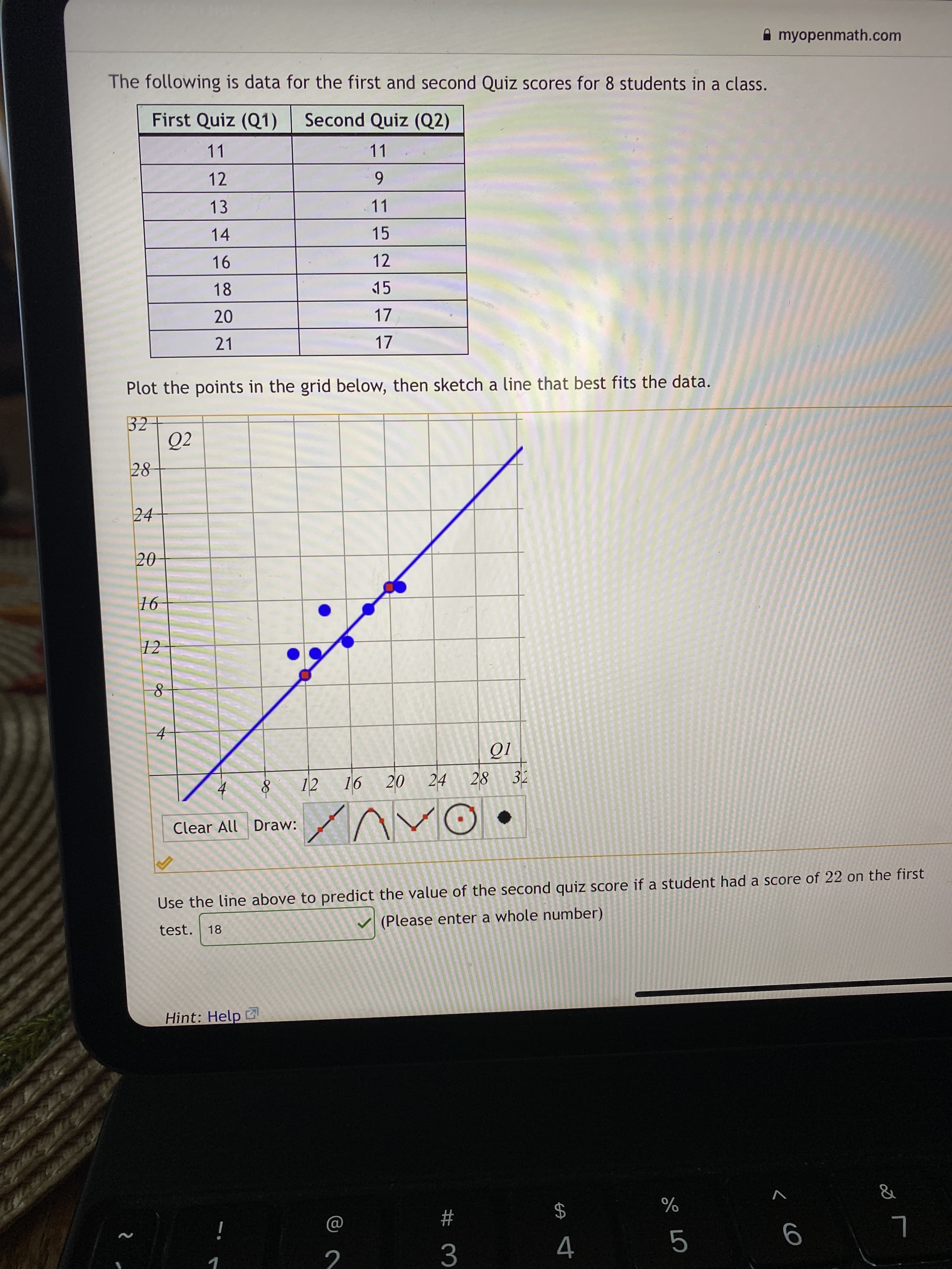 A myopenmath.com
The following is data for the first and second Quiz scores for 8 students in a class.
First Quiz (Q1)
Second Quiz (Q2)
11
11
6.
11
12
13
14
15
12
18
15
17
21
Plot the points in the grid below, then sketch a line that best fits the data.
32
Q2
28-
24
20
12
12
96
20 24
Clear All Draw:
Use the line above to predict the value of the second quiz score if a student had a score of 22 on the first
test.
V (Please enter a whole number)
18
Hint: Help
#
2$
i
L
2.
3.
