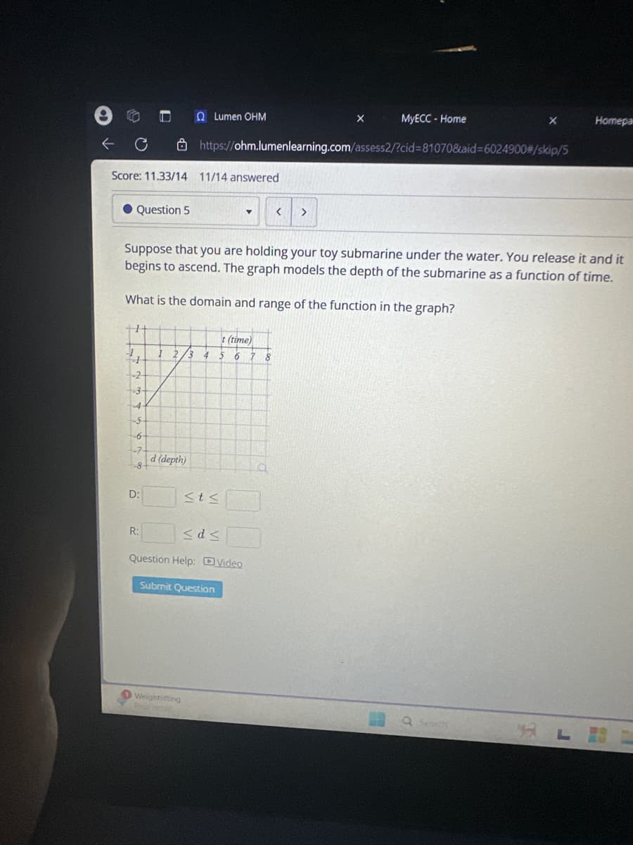 x
Homepa
C
Ω Lumen ΟΗΜ
MyECC - Home
https://ohm.lumenlearning.com/assess2/?cid=810708aid 6024900#/skip/5
Score: 11.33/14 11/14 answered
Question 5
< >
Suppose that you are holding your toy submarine under the water. You release it and it
begins to ascend. The graph models the depth of the submarine as a function of time.
What is the domain and range of the function in the graph?
t (time)
1 2/3
4
5
6 7 8
-2-
-3-
-5-
-6-
-7-
d (depth)
-8-
D:
St≤
R:
<d≤
Question Help: Video
Submit Question
Weightlifting
Q Sc
LE