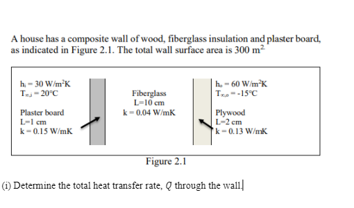 A house has a composite wall of wood, fiberglass insulation and plaster board,
as indicated in Figure 2.1. The total wall surface area is 300 m²'
h = 30 W/m*K
Tai = 20°C
h. = 60 W/m°K
Tra--15°C
Fiberglass
L=10 cm
k= 0.04 W/mK
Plaster board
Plywood
L-2 cm
k= 0.13 W/mK
L=1 cm
k= 0.15 W/mK
Figure 2.1
(i) Determine the total heat transfer rate, Q through the wall
