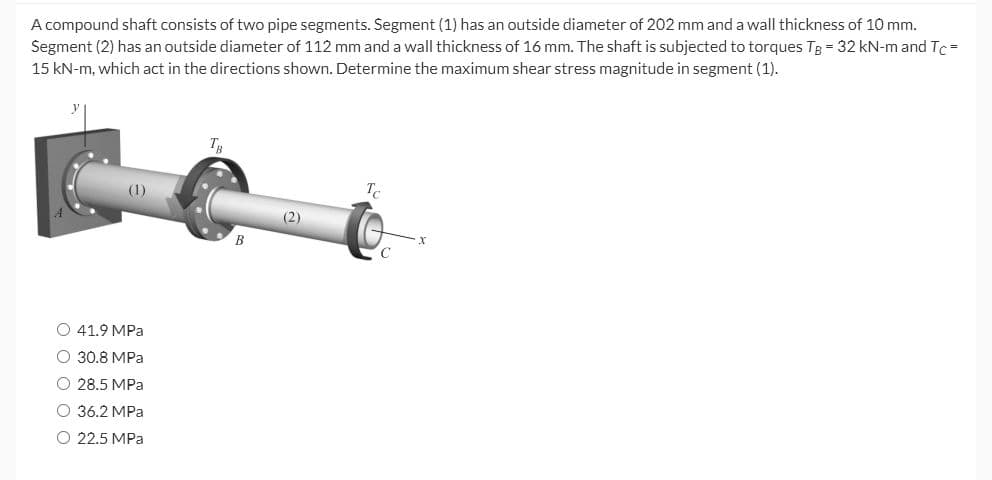 A compound shaft consists of two pipe segments. Segment (1) has an outside diameter of 202 mm and a wall thickness of 10 mm.
Segment (2) has an outside diameter of 112 mm and a wall thickness of 16 mm. The shaft is subjected to torques TB = 32 kN-m and Tc =
15 kN-m, which act in the directions shown. Determine the maximum shear stress magnitude in segment (1).
(1)
O 41.9 MPa
O 30.8 MPa
O 28.5 MPa
O 36.2 MPa
O 22.5 MPa
(2)
Tc
C