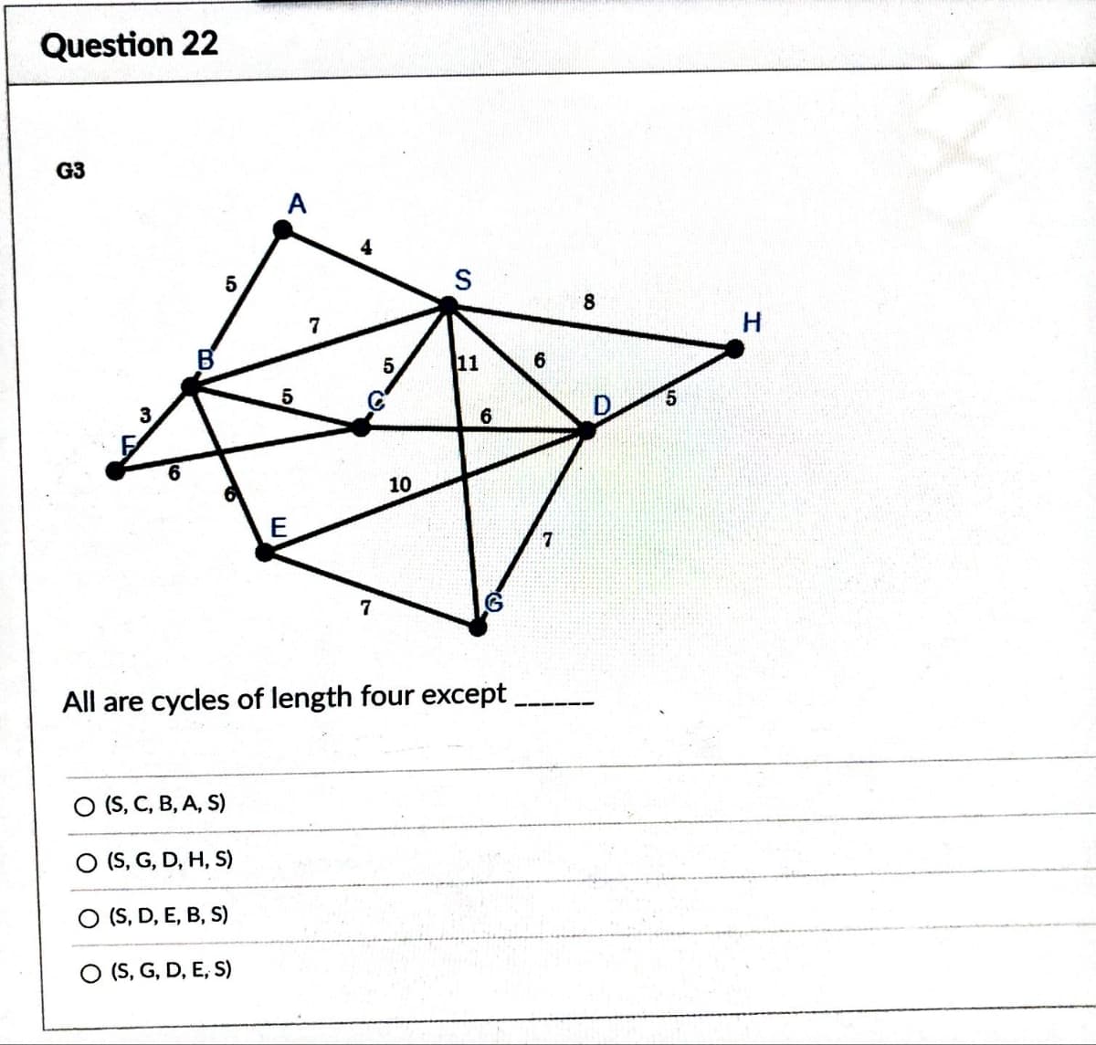 Question 22
G3
3
5
A
O (S, C, B, A, S)
(S, G, D, H, S)
(S, D, E, B, S)
O (S, G, D, E, S)
5
E
7
7
5
10
S
11
6
All are cycles of length four except
6
7
8
D
5
H