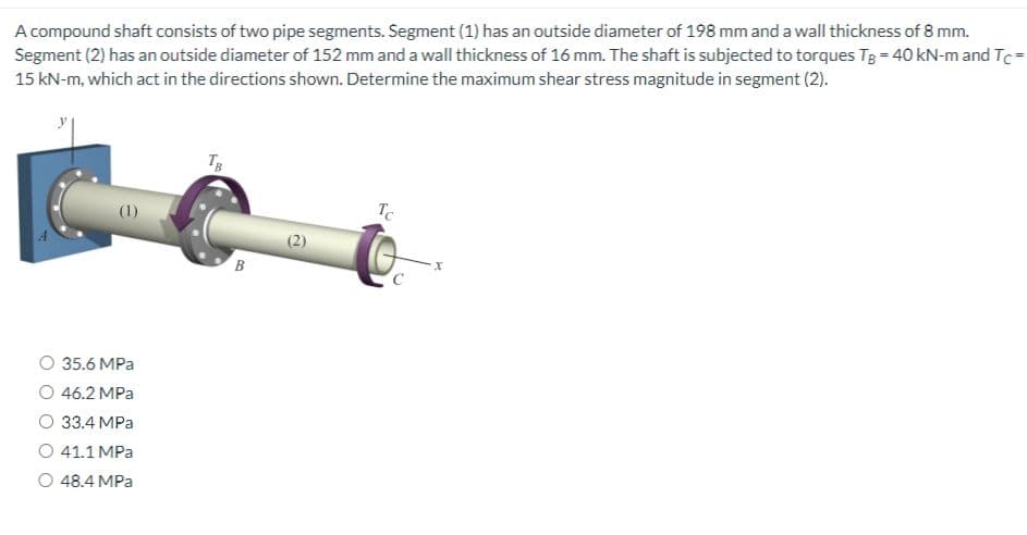 A compound shaft consists of two pipe segments. Segment (1) has an outside diameter of 198 mm and a wall thickness of 8 mm.
Segment (2) has an outside diameter of 152 mm and a wall thickness of 16 mm. The shaft is subjected to torques Tg = 40 kN-m and Tc=
15 kN-m, which act in the directions shown. Determine the maximum shear stress magnitude in segment (2).
O 35.6 MPa
O 46.2 MPa
33.4 MPa
O 41.1 MPa
O 48.4 MPa
TB
B
Tc
X