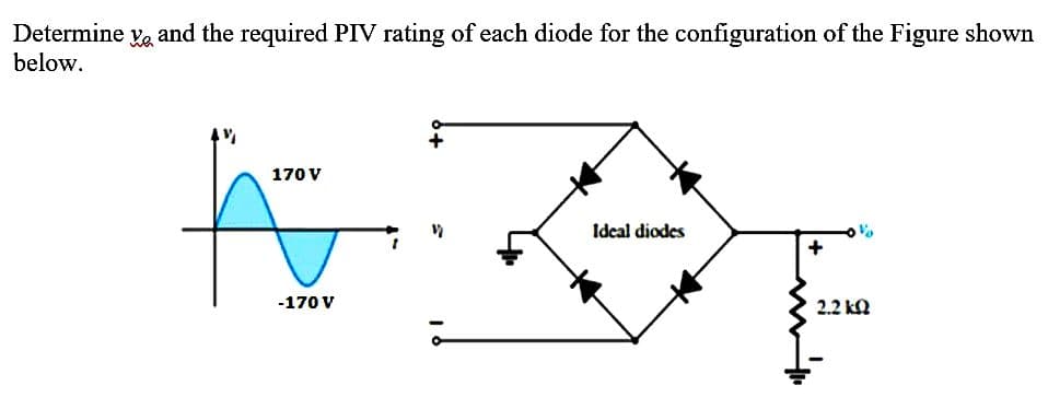 Determine Ve and the required PIV rating of each diode for the configuration of the Figure shown
below.
170 V
A
-170 V
Ideal diodes
2.2 ΚΩ