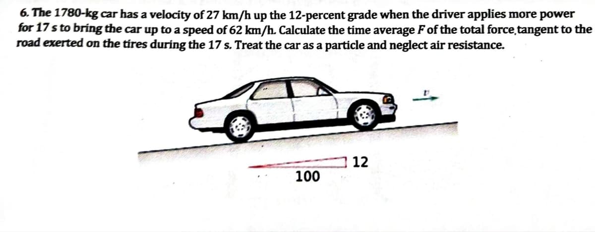 6. The 1780-kg car has a velocity of 27 km/h up the 12-percent grade when the driver applies more power
for 17 s to bring the car up to a speed of 62 km/h. Calculate the time average F of the total force,tangent to the
road exerted on the tires during the 17 s. Treat the car as a particle and neglect air resistance.
100
12