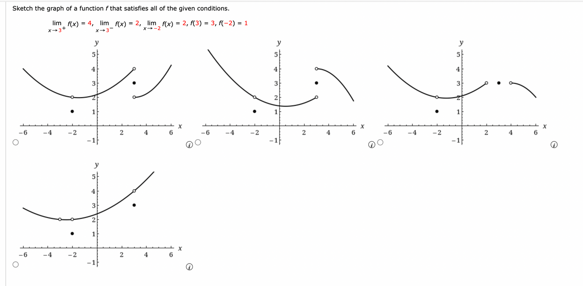 Sketch the graph of a function f that satisfies all of the given conditions.
lim f(x) = 4, lim
x+3+
x→3
f(x) :
= 2, lim, f(x) = 2, f(3) = 3, f(–2) = 1
x→-2
البارب
برای
-6
-6
-4
-4
-2
-2
5
4
3
y
4
2
1
-1
2
2
4
4
6
x
-6
-4
-2
5
4
3
1
2
4
6
X
-6
-4
●
-2
I
y
5
4
3
1
....لي
2
4
6
x