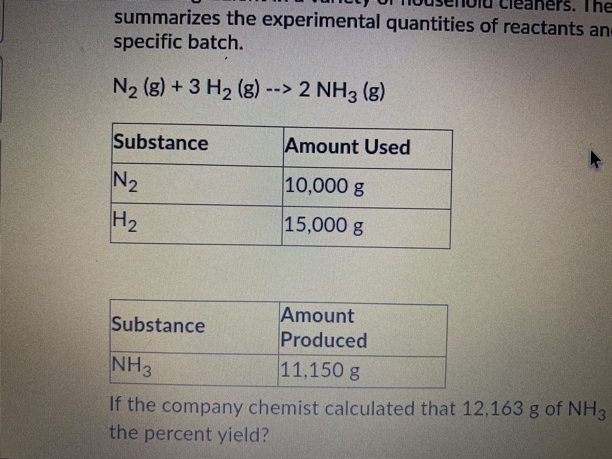 Clea
ners. The
summarizes the experimental quantities of reactants an
specific batch.
N2 (g) +3 H2 (g) --> 2 NH3 (g)
Substance
Amount Used
N2
10,000 g
H2
15,000g
Amount
Produced
Substance
NH.
11,150 g
If the company chemist calculated that 12,163 g of NH
the percent yield?
