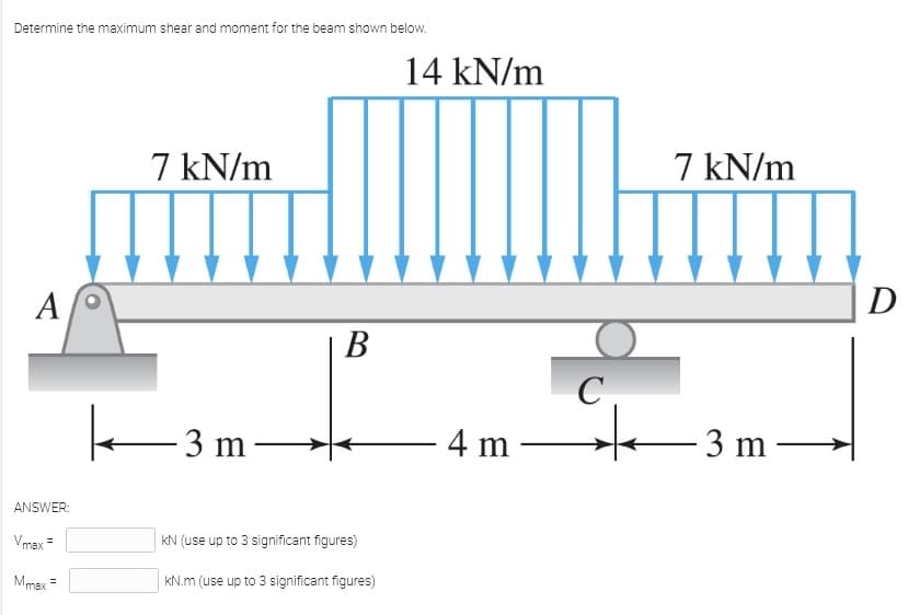 Determine the maximum shear and moment for the beam shown below.
14 kN/m
7 kN/m
7 kN/m
A
D
В
C
3 m-
4 m -
– 3 m
ANSWER:
Vmax =
KN (use up to 3 significant figures)
Mmax =
KN.m (use up to 3 significant figures)
