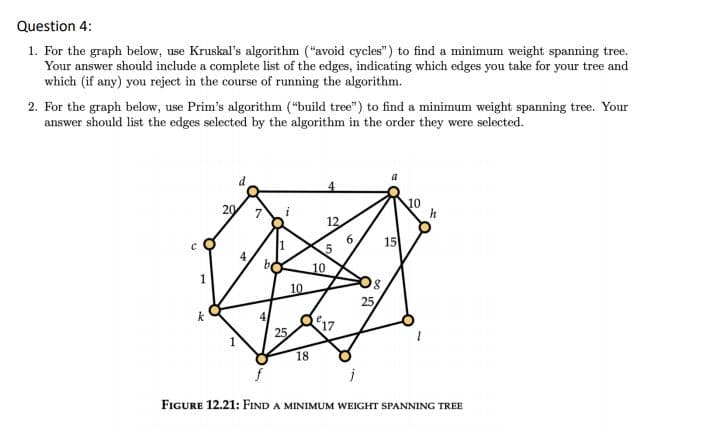 Question 4:
1. For the graph below, use Kruskal's algorithm ("avoid cycles") to find a minimum weight spanning tree.
Your answer should include a complete list of the edges, indicating which edges you take for your tree and
which (if any) you reject in the course of running the algorithm.
2. For the graph below, use Prim's algorithm ("build tree") to find a minimum weight spanning tree. Your
answer should list the edges selected by the algorithm in the order they were selected.
20
12
15
10
10
25
4
17
25
18
FIGURE 12.21: FIND A MINIMUM WEIGHT SPANNING TREE
4,
