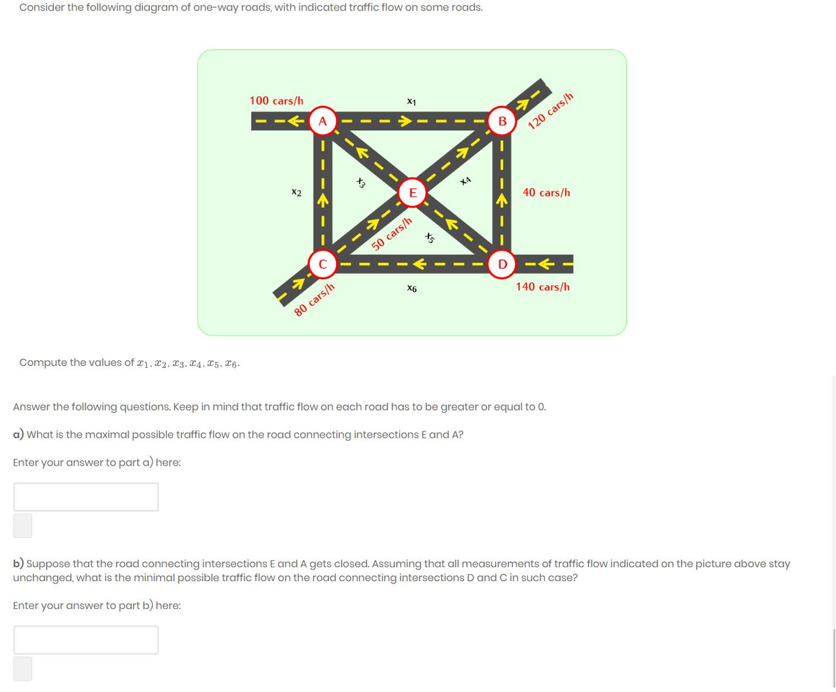 Consider the following diagram of one-way roads, with indicated traffic flow on some roads.
Compute the values of x1, x2, x3, x4, X5, X6.
100 cars/h
X2
A
80 cars/h
X1
50 cars/h
X6
B
ts
---- →-
120 cars/h
D
40 cars/h
140 cars/h
Answer the following questions. Keep in mind that traffic flow on each road has to be greater or equal to 0.
a) What is the maximal possible traffic flow on the road connecting intersections E and A?
Enter your answer to part a) here:
b) Suppose that the road connecting intersections E and A gets closed. Assuming that all measurements of traffic flow indicated on the picture above stay
unchanged, what is the minimal possible traffic flow on the road connecting intersections D and C in such case?
Enter your answer to part b) here: