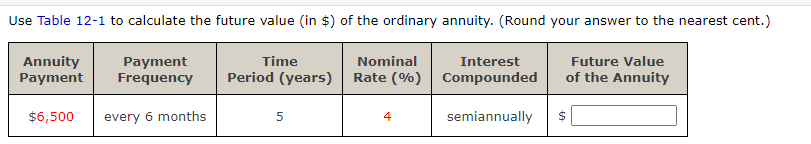 Use Table 12-1 to calculate the future value (in $) of the ordinary annuity. (Round your answer to the nearest cent.)
Nominal
Annuity
Payment
Time
Future Value
Payment
Frequency
Interest
Period (years)
Rate (%) Compounded
of the Annuity
$6,500
every 6 months
4
semiannually
$
