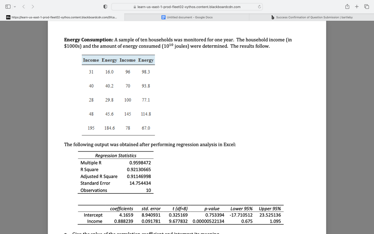 Bb https://learn-us-east-1-prod-fleet02-xythos.content.blackboardcdn.com/5fca...
Income Energy Income Energy
Energy Consumption: A sample of ten households was monitored for one year. The household income (in
$1000s) and the amount of energy consumed (10¹0 joules) were determined. The results follow.
31
40
28
Ciro th
48
195
16.0
Intercept
Income
40.2
29.8
45.6
184.6
Multiple R
R Square
Adjusted R Square
Standard Error
Observations
96
70
100
145
learn-us-east-1-prod-fleet02-xythos.content.blackboardcdn.com
78
98.3
coefficients
4.1659
0.888239
93.8
77.1
The following output was obtained after performing regression analysis in Excel:
Regression Statistics
114.8
67.0
0.9598472
0.92130665
0.91146998
14.754434
Untitled document - Google Docs
10
std. error
t (df=8)
p-value
8.940931 0.325169
0.753394
0.091781 9.677832 0.00000522134
o of the cornolation goofficient or intornnot ita mooning
b Success Confirmation of Question Submission | bartleby
Lower 95%
-17.710512
0.675
Upper 95%
23.525136
1.095